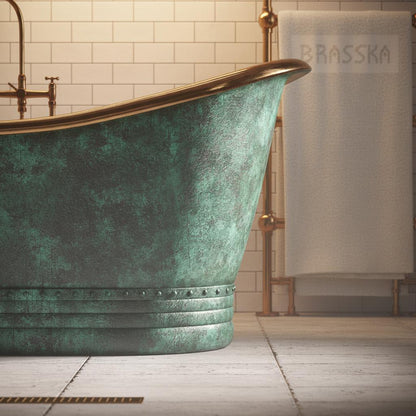 Vintage Green Copper Bathtub with Brass Interior – Freestanding Double Slipper Tub - Brasska