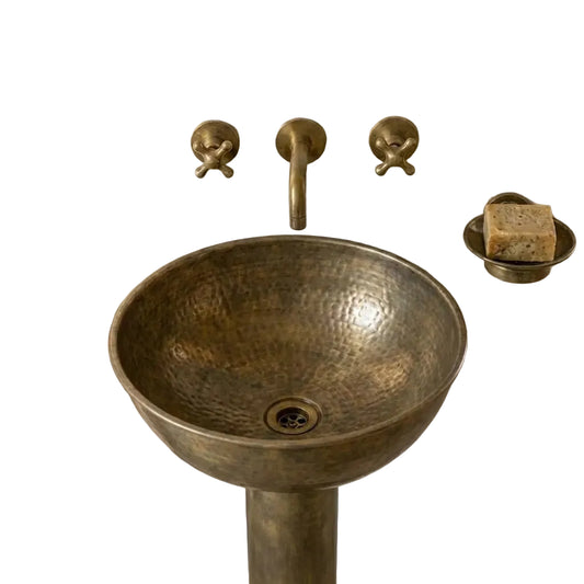 Vintage Hammered Patina Brass Pedestal Sink - Brasska