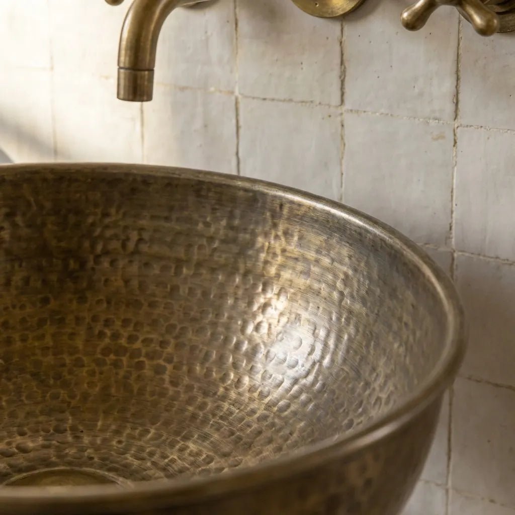 Vintage Hammered Patina Brass Pedestal Sink - Brasska