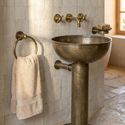 Vintage Hammered Patina Brass Pedestal Sink - Brasska