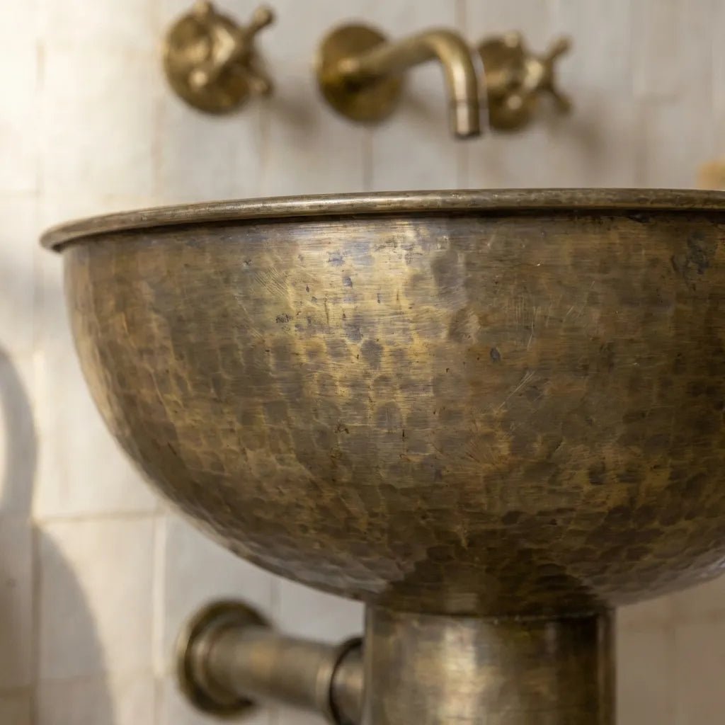 Vintage Hammered Patina Brass Pedestal Sink - Brasska