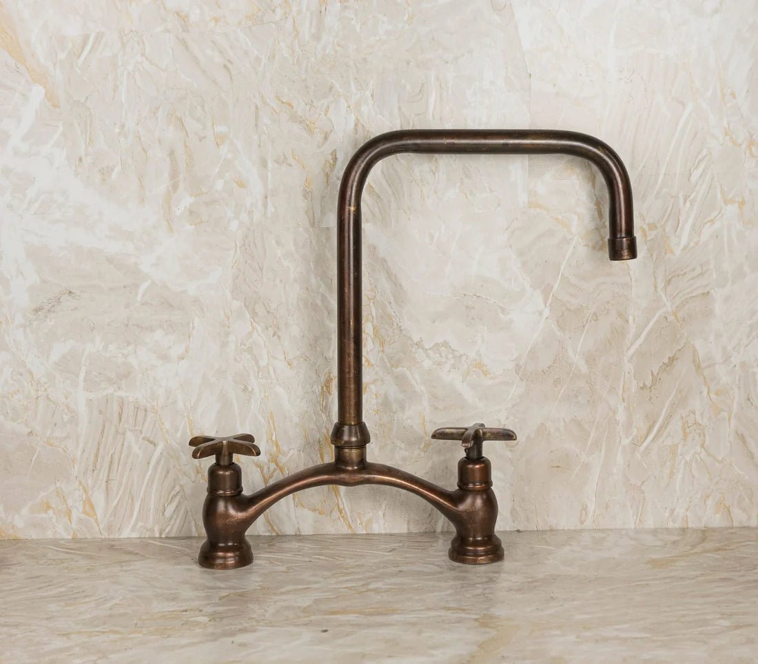 Vintage Red Copper Kitchen Faucet with dual cross handles, made of durable brass, featuring a classic design for traditional kitchens.