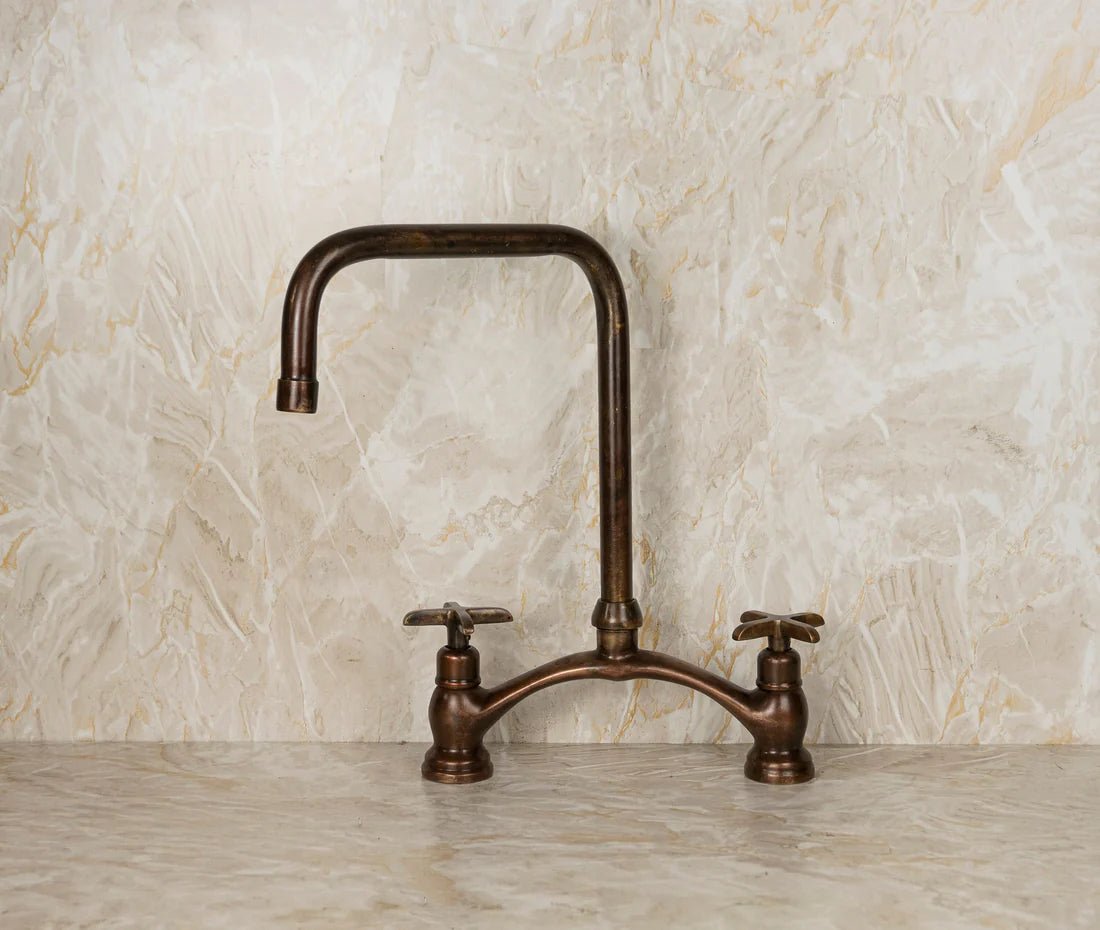 Vintage Red Copper Kitchen Faucet with dual cross handles, made of brass, featuring a classic design and durable construction.
