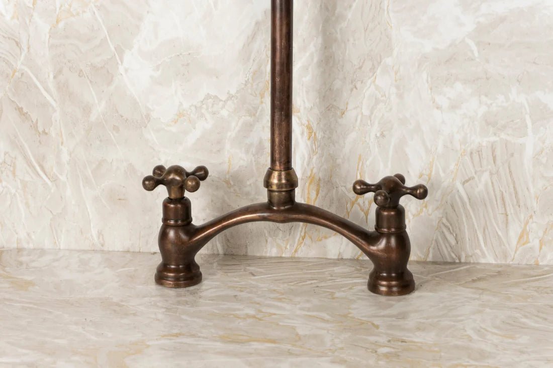 Vintage Red Copper Kitchen Faucet with dual cross handles, made of brass, featuring a classic design for traditional kitchens.