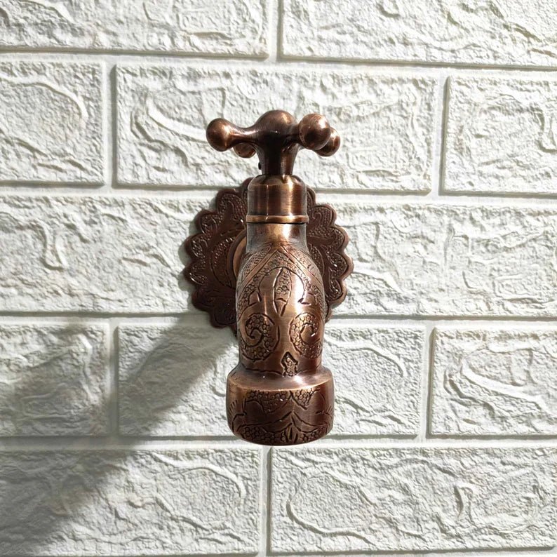 Vintage Wall Mounted Brass Faucet – Handcrafted Antique Tap with Engraved Details - Brasska
