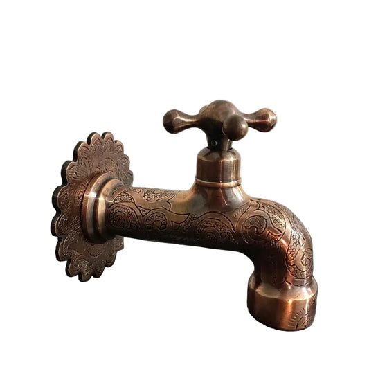 Vintage Wall Mounted Brass Faucet – Handcrafted Antique Tap with Engraved Details - Brasska
