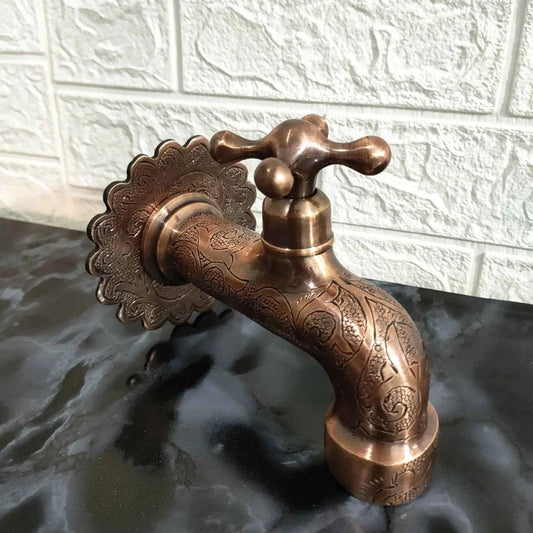 Vintage Wall Mounted Brass Faucet – Handcrafted Antique Tap with Engraved Details - Brasska