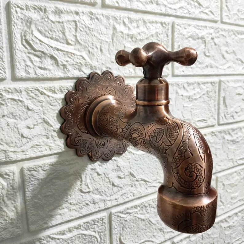 Vintage Wall Mounted Brass Faucet – Handcrafted Antique Tap with Engraved Details - Brasska