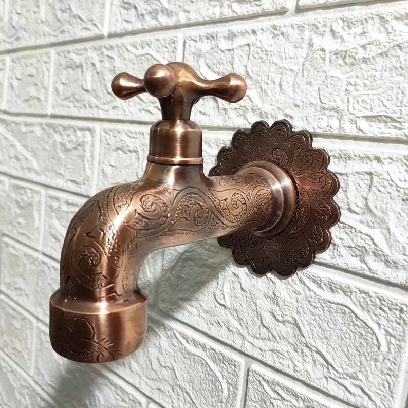 Vintage Wall Mounted Brass Faucet – Handcrafted Antique Tap with Engraved Details - Brasska