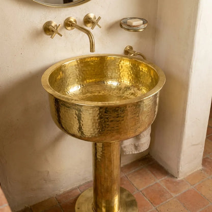 Round Hammered Brass Pedestal Sink – Handmade Unlacquered Vintage Basin
