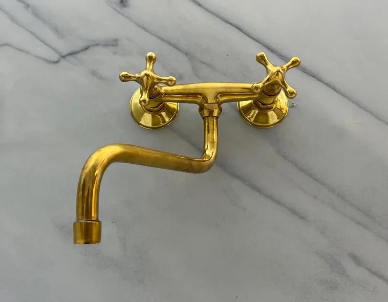 Wall Mounted Brass Bridge Faucet – Double Cross Handles - Brasska