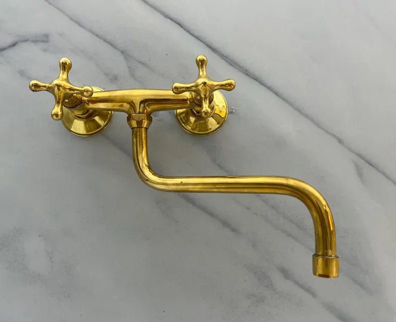 Wall Mounted Brass Bridge Faucet – Double Cross Handles - Brasska