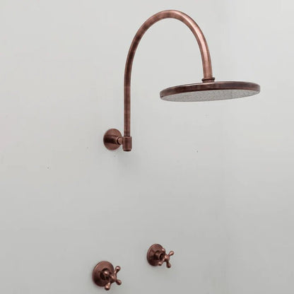 Wall Mounted Copper Shower System with Vintage Cross Handles – Handmade Brass Fixture - Brasska