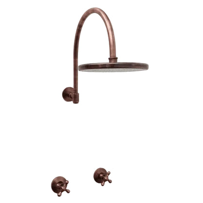 Wall Mounted Copper Shower System with Vintage Cross Handles – Handmade Brass Fixture - Brasska