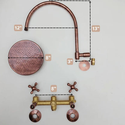 Wall Mounted Copper Shower System with Vintage Cross Handles – Handmade Brass Fixture - Brasska