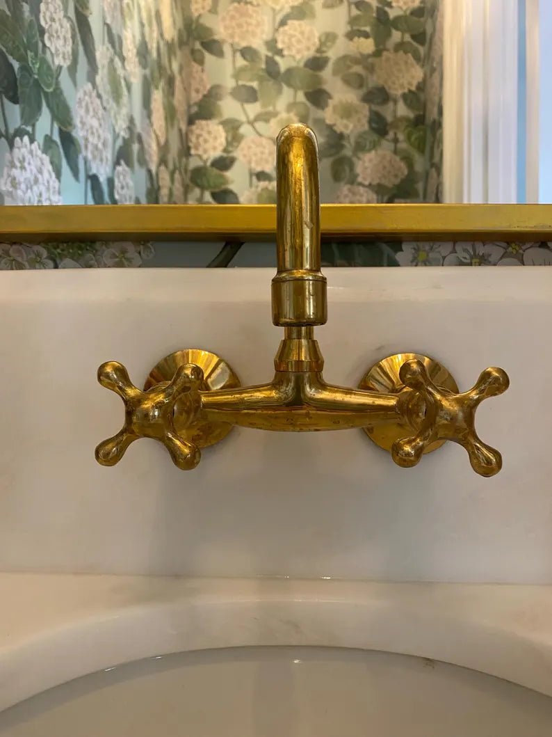 Wall-Mounted Vintage Brass Lavatory Faucet – Dual Cross Handles - Brasska