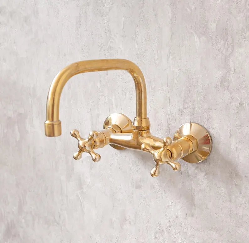 Wall-Mounted Vintage Brass Lavatory Faucet – Dual Cross Handles - Brasska