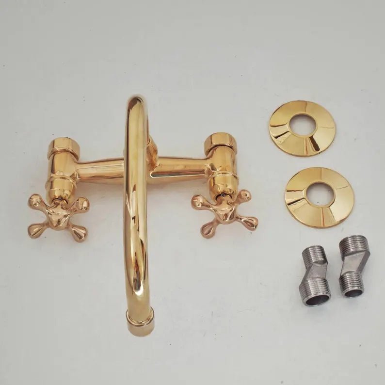 Wall-Mounted Vintage Brass Lavatory Faucet – Dual Cross Handles - Brasska