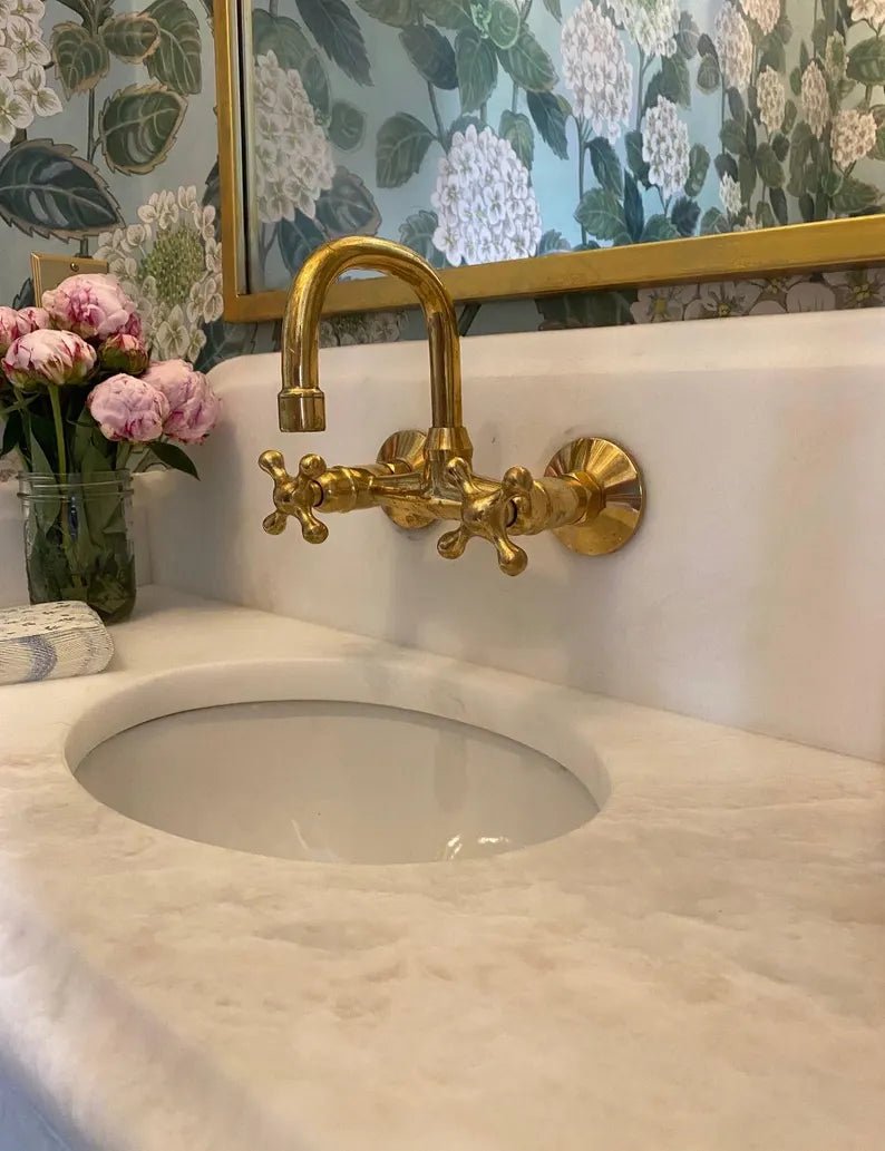 Wall-Mounted Vintage Brass Lavatory Faucet – Dual Cross Handles - Brasska