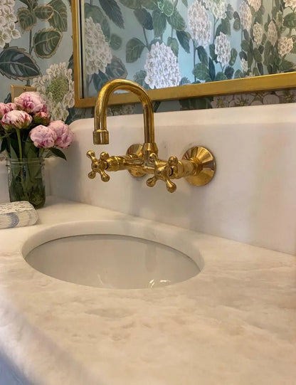 Wall-Mounted Vintage Brass Lavatory Faucet – Dual Cross Handles - Brasska