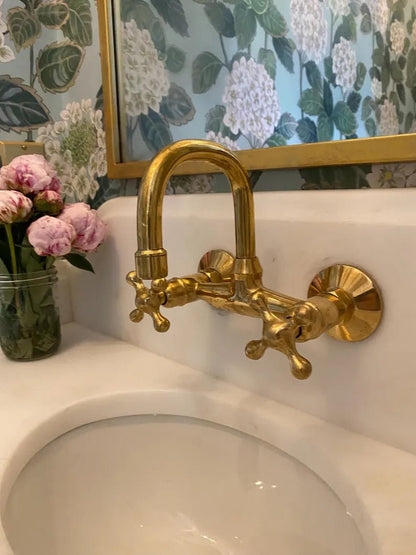 Wall-Mounted Vintage Brass Lavatory Faucet – Dual Cross Handles - Brasska