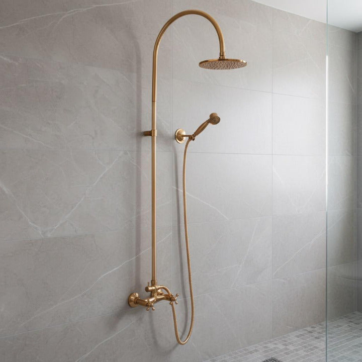 Luxury Brass Shower Set – Vintage Wall Mounted Rainfall Shower with Handheld Sprayer | Antique Gold Finish