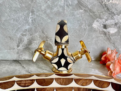 Handmade Brass Faucet – Wall Mount Solid Unlacquered Brass Tap | Geometric Inlay Design