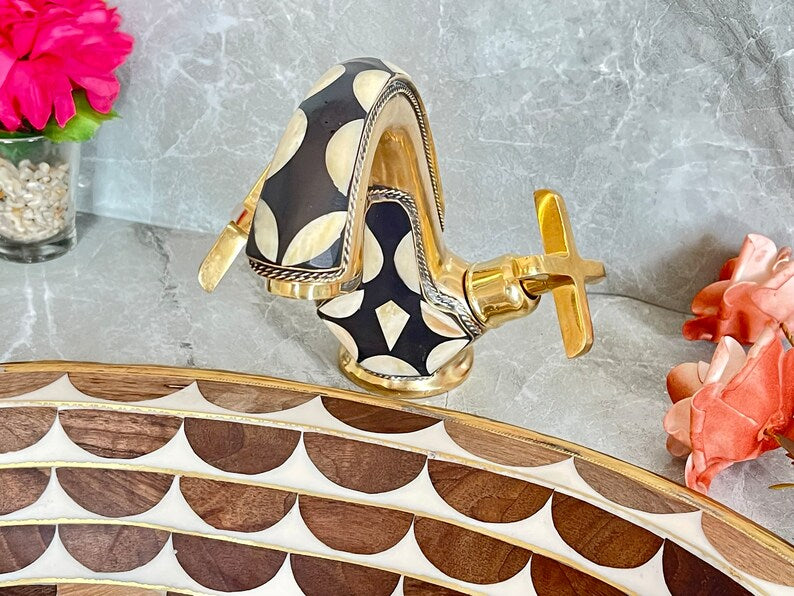Handmade Brass Faucet – Wall Mount Solid Unlacquered Brass Tap | Geometric Inlay Design