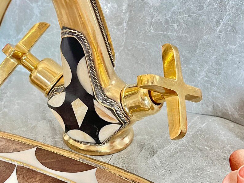 Handmade Brass Faucet – Wall Mount Solid Unlacquered Brass Tap | Geometric Inlay Design