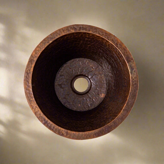Aged Copper Round Bar Sink - Dark Brown Dropped In Sink - Hammered Finish