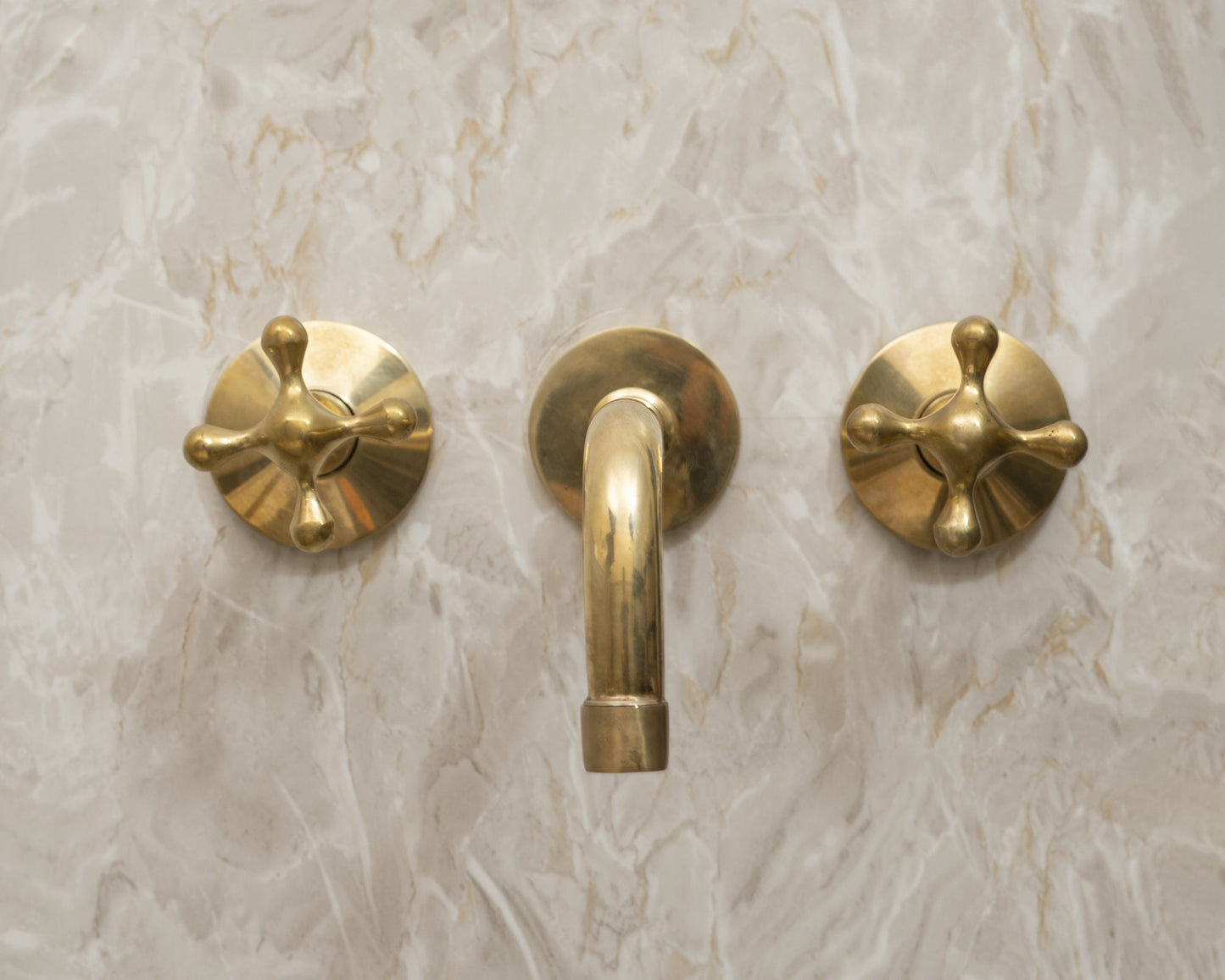Handcrafted Three-Hole Unlacquered Brass Wall Mounted Vanity Faucet