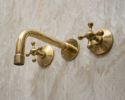 Handcrafted Three-Hole Unlacquered Brass Wall Mounted Vanity Faucet