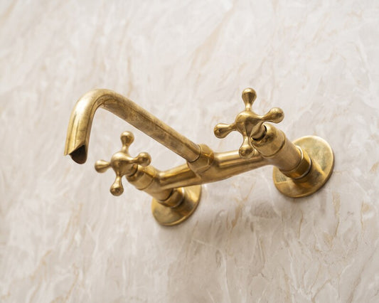 Handcrafted Unlacquered Brass Wall Mounted Tub Filler With Cross Handles