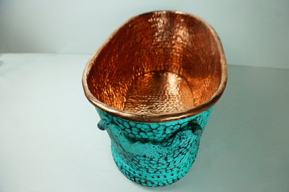 Hammered Copper Beverage Tub – Oval Ice Bucket with Verdigris Patina & Handles