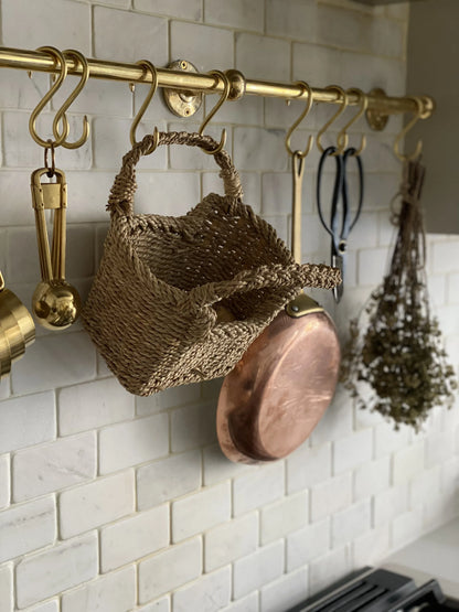 Unlacquered Brass Kitchen Rail – Handmade Wall Mounted Pot Rack with Hooks