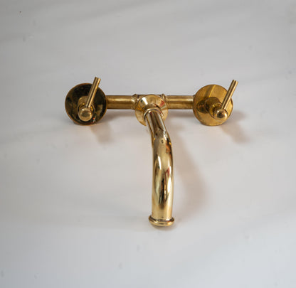 Unlacquered Brass Wall Mount Bathroom Faucet with Lever Handles – Handmade Solid Brass Sink Tap