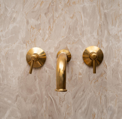Unlacquered Brass Wall Mount Bathroom Faucet with Lever Handles – Handmade Solid Brass Sink Tap