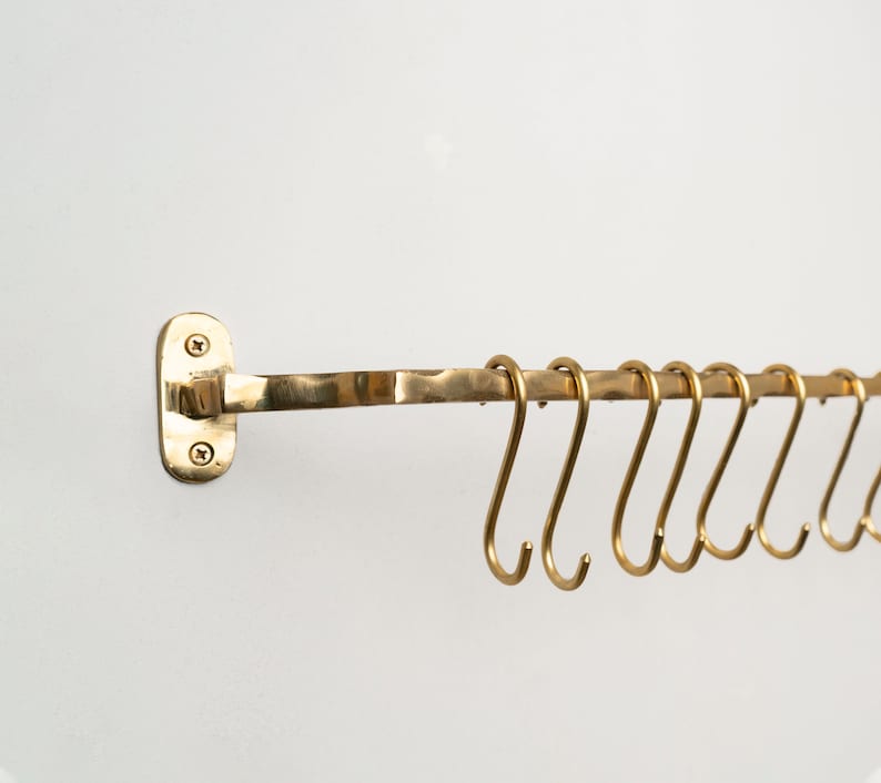 Unlacquered Brass Pot Rail – Handmade Wall Mounted Kitchen Rack with Hooks