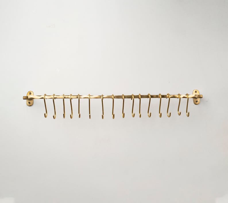 Unlacquered Brass Pot Rail – Handmade Wall Mounted Kitchen Rack with Hooks