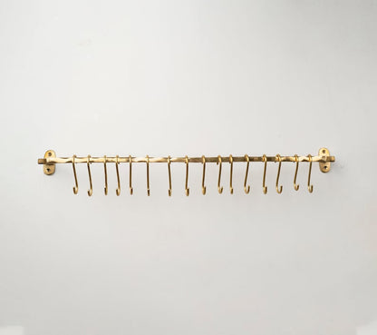 Unlacquered Brass Pot Rail – Handmade Wall Mounted Kitchen Rack with Hooks