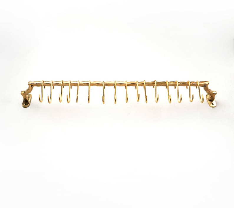 Unlacquered Brass Pot Rail – Handmade Wall Mounted Kitchen Rack with Hooks