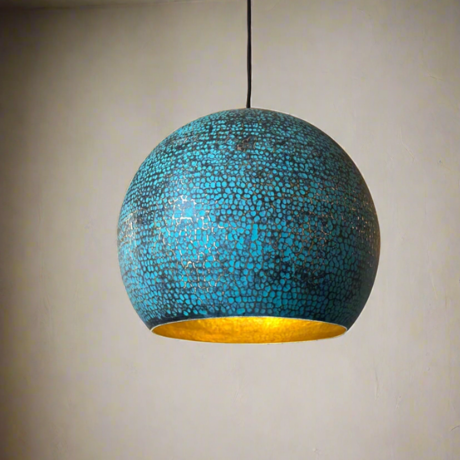 Blue Patina Brass Pendant Light, Handmade Large Dome Light